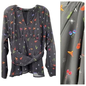 eshakti Mariachi Print Twisted Sash Waist Peplum Blouse Size Large 14 Boho Chic